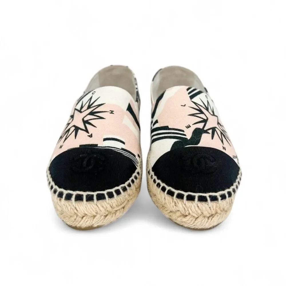 CHANEL La Pausa Ecru Star Print Canvas Cap Toe CC Logo Espadrilles Size …